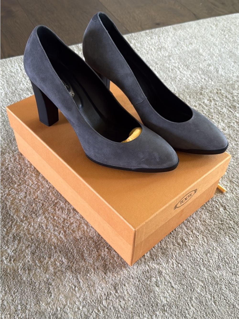Tod's Gray Suede Block Heel Pumps